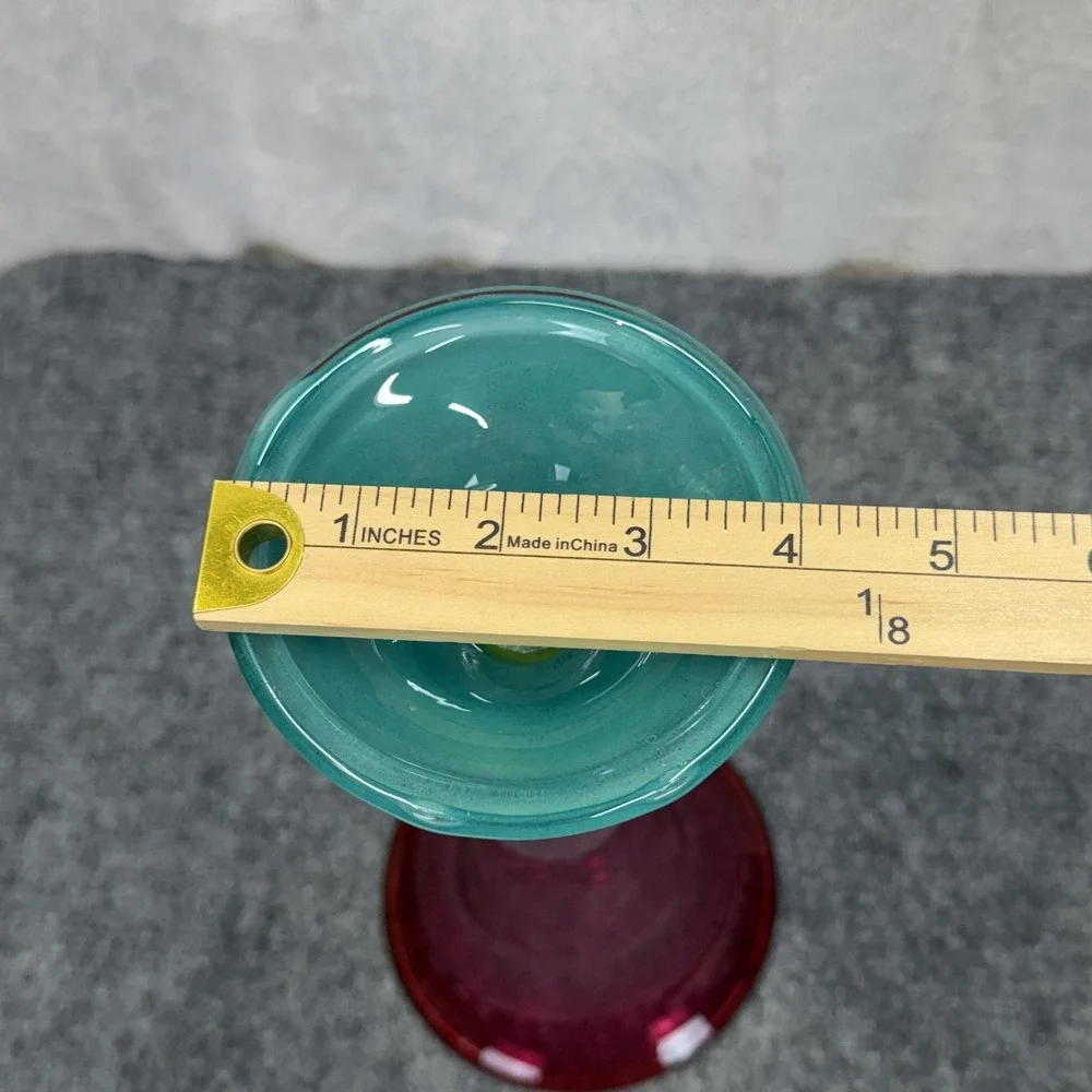 Hand Blown Glass Trumpet Vase Cranberry Teal Base Yellow Knob 12.5
